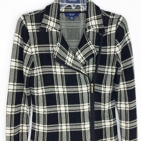 Chaps Womens Size XS Knit Plaid Moto Jacket Black White Asymmetrical Zip Front - Picture 2 of 7